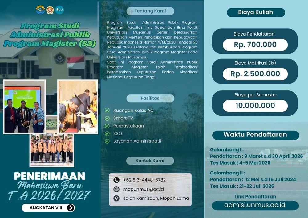 Pendaftaran Mahasiswa Baru Tahun Akademik 2025/2026 Program Studi Administrasi Publik Program Magister Fakultas Ilmu Sosial dan Ilmu Politik Universitas Musamus